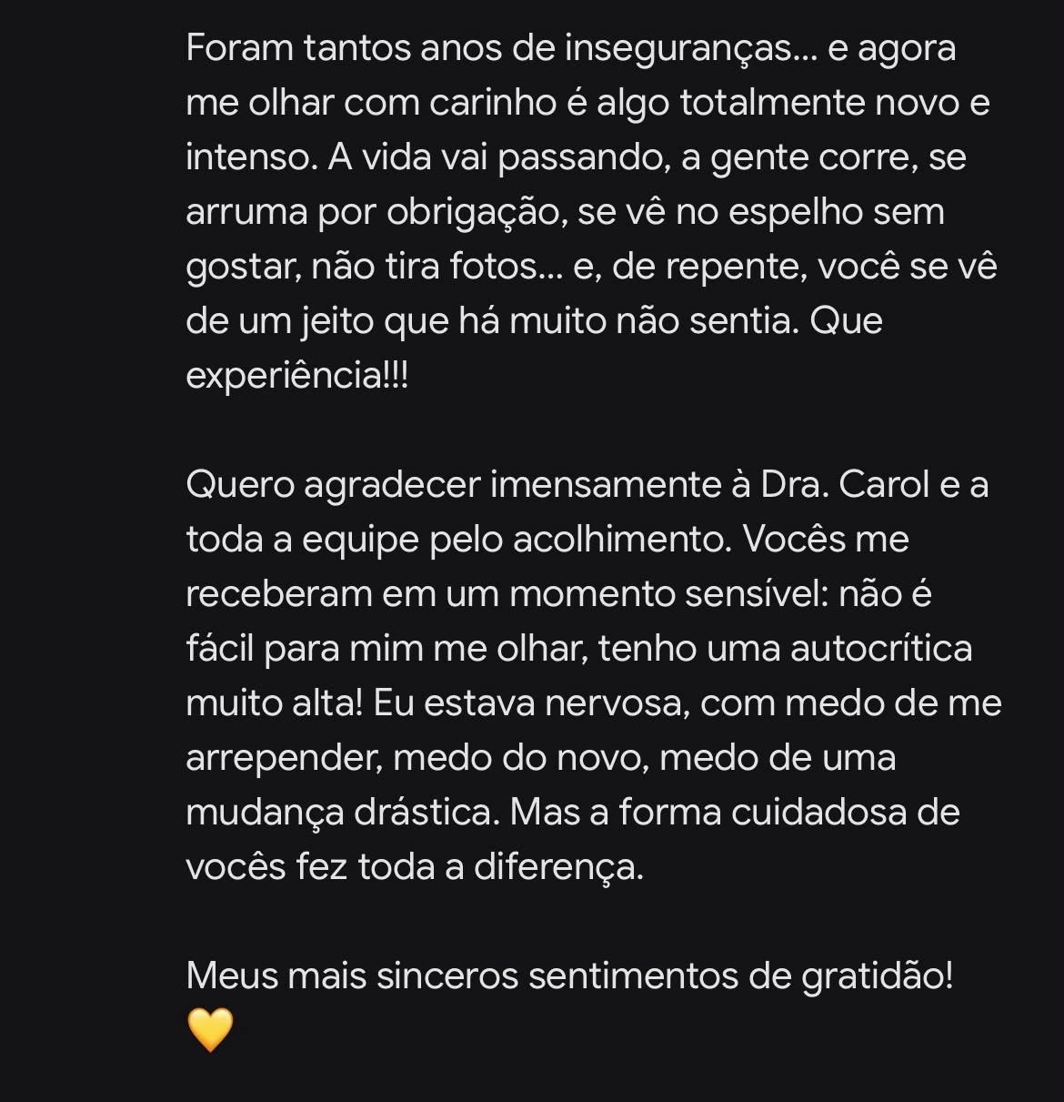 Depoimento de paciente — gratidão pelo acolhimento